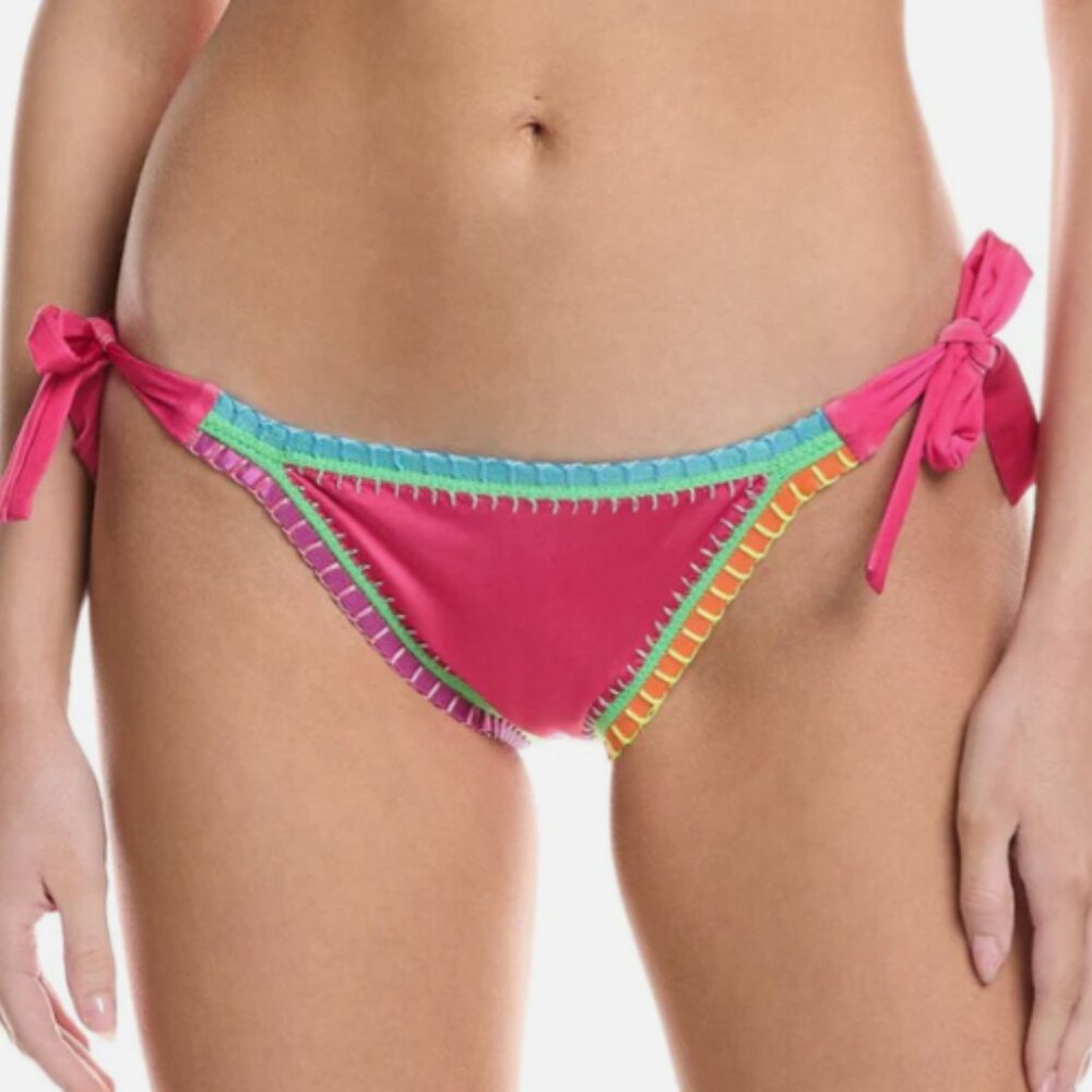 PQ Swim x Solange Ferrarini Crochet Trim Full Bikini Bottoms, Pink Multi, Large